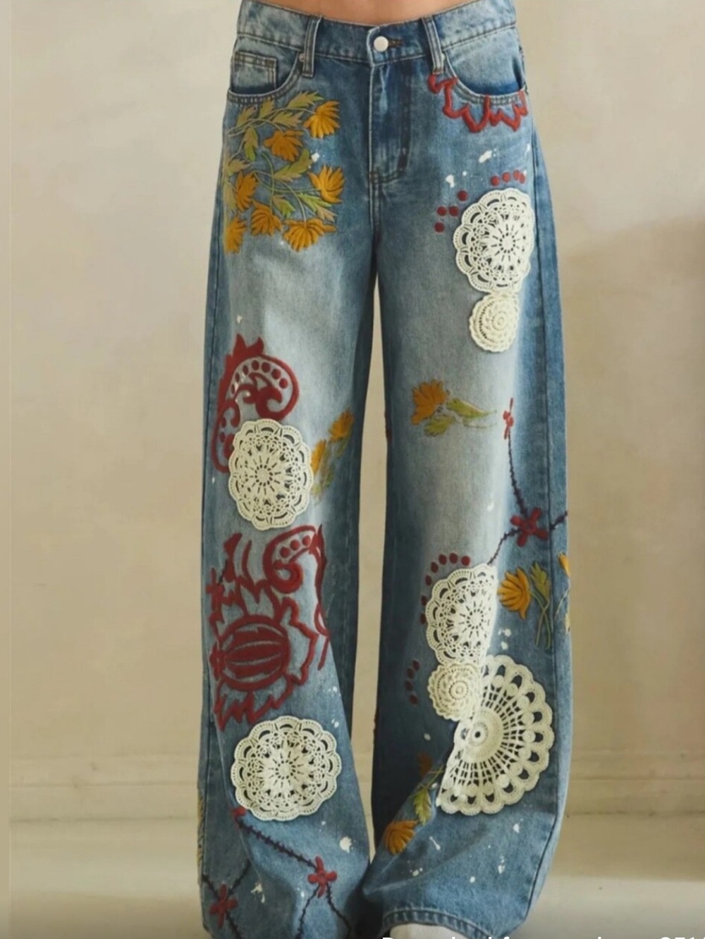 OLI & HALI Blue Wide-Leg Embroidered Patchwork Jeans Brand NEW sz XL - Picture 7 of 10